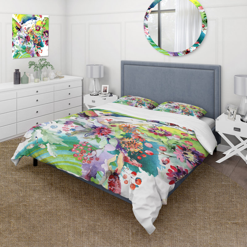 Vibrant Wild Spring Leaves and Wildflowers X - Modern Duvet Cover Set - Microfiber Polyester, King Duvet Cover + 2 King Shams