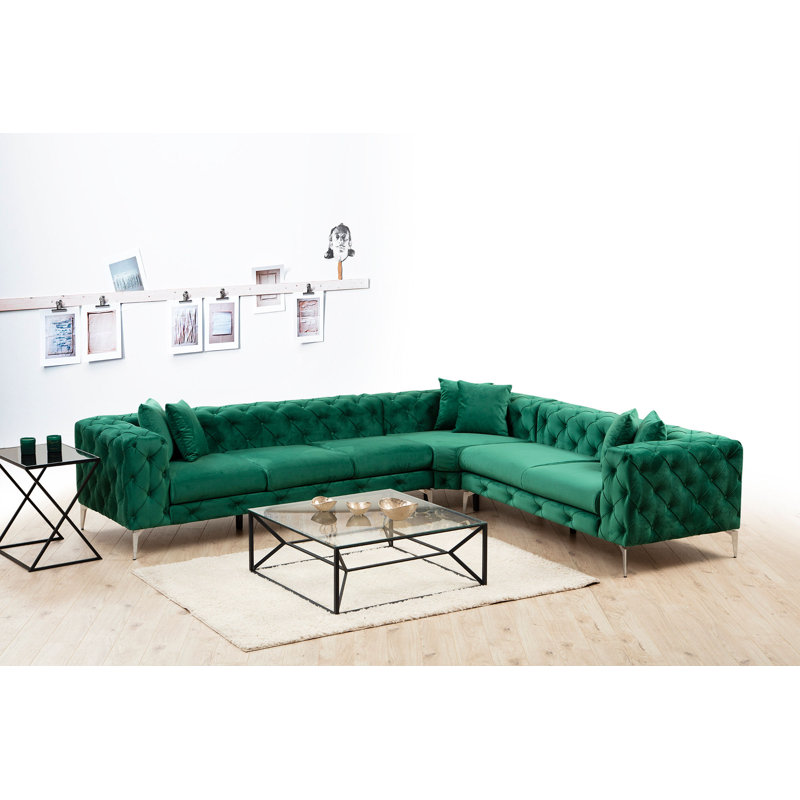 Modern Corner Sofa with Beech Wood Frame & 100% Polyester Fabric, 122.0 x 27.6 x 106.3 inches | Includes 6 Removable Cushions (17.7 x 17.7 inches) | Portable, Dry-Cleanable, Stylish Green Design, Metal Legs