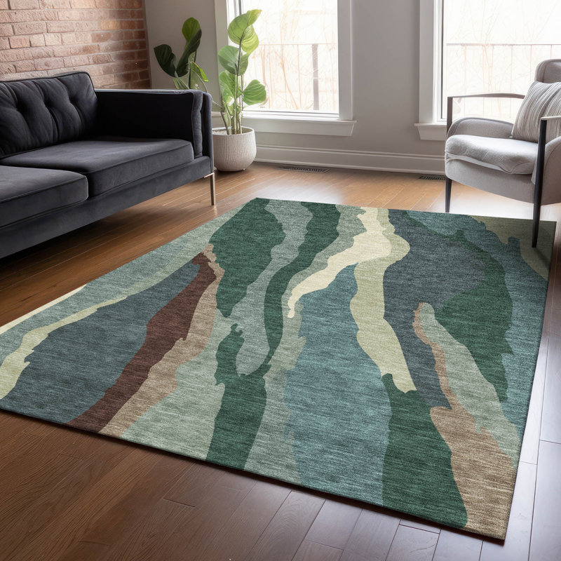 Sage Green 3' x 5' Machine Washable Synthetic Indoor/Outdoor Rug