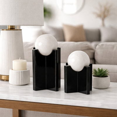 Sculpture géométrique en verre objet décoratif pour la maison - Figurine moderne décorative orbe pour la décoration de salon - ensemble de 2, 12 ", 8", noir et blanc