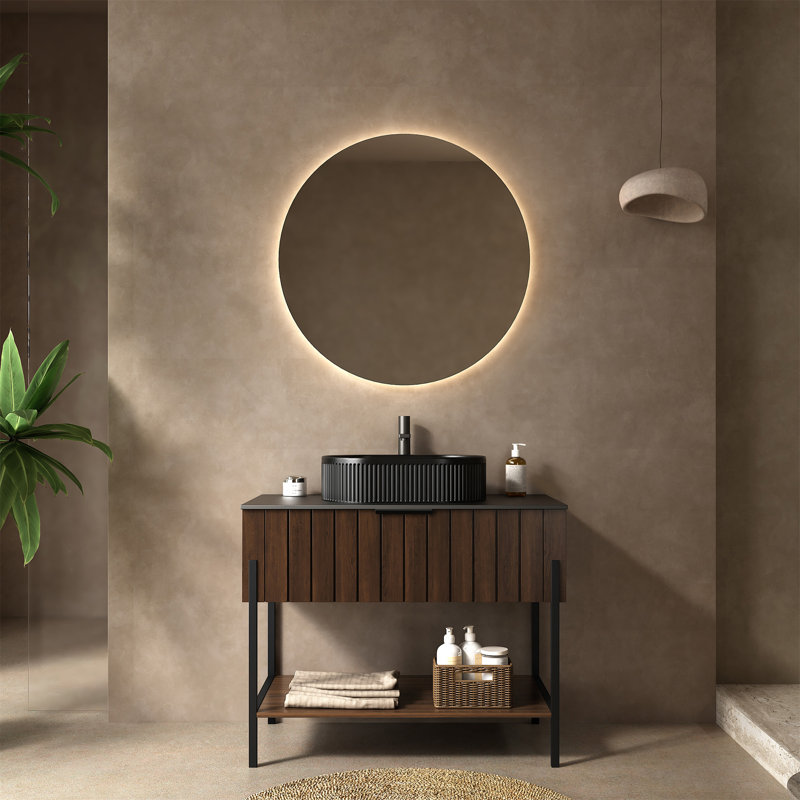 Meuble-lavabo autoportant à rayures 36 po avec tiroir et structure de support en métal, tablette ouverte 36 po