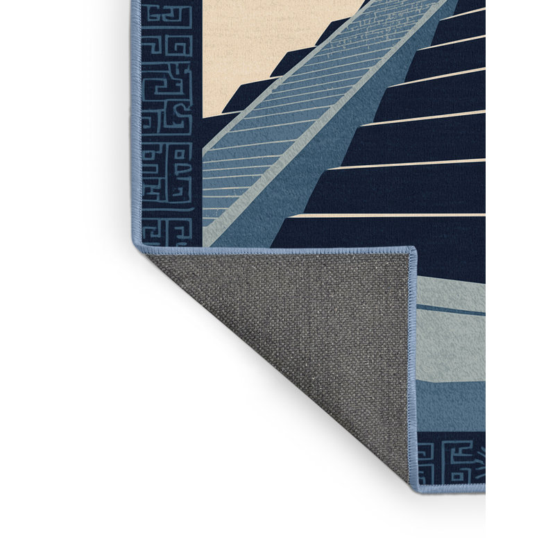 Soft Plush Queanbeyan Teotihuacan Pyramids Global Inspired Block Print Area Rug in Blue – BabyBlue Binding, 5x8