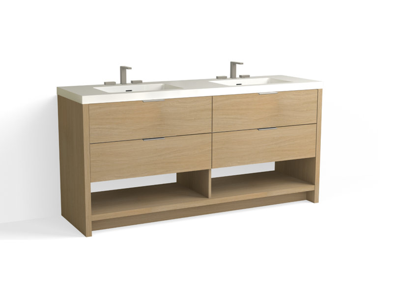 Vue 72" W Freestanding Double Bathroom Vanity, Biondo, Satin Nickel, Glossy White/8" Widespread