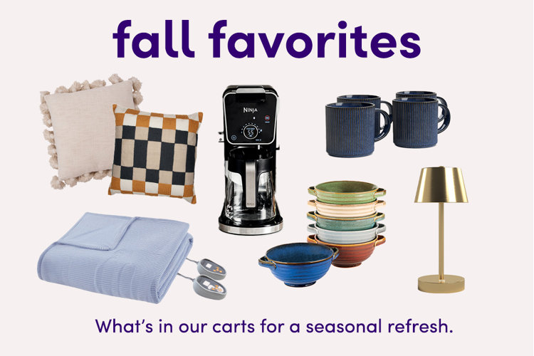 image with text overlay “fall favorites: what’s in our carts for a seasonal refresh” and neutral throw pillows, coffee maker, navy blue mugs, gold table lamp, colorful soup crocks, and a light blue heated blanket
