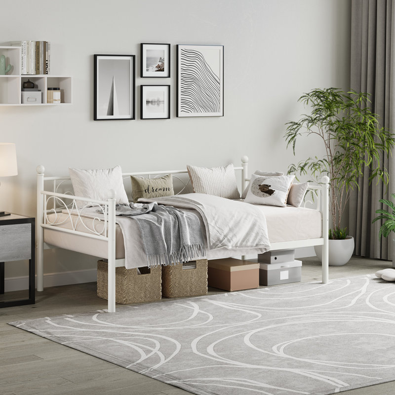 Twin Size Space-Saving Metal Daybed Frame with Floral Headboard, Heavy Duty Steel Slats, Sofa Bed for Living Room, Bedroom or Guest Room, No Box Spring Needed - White