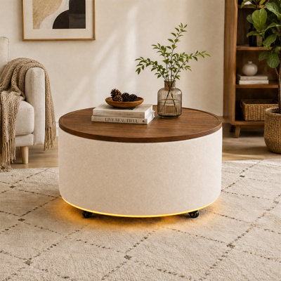 29" LED Drum Coffee Table, Large Round Storage Ottoman with Lockable Wheels