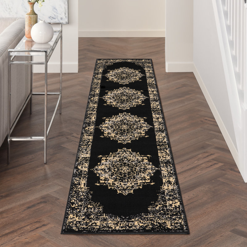 Burnie Oriental Black/Cream Area Rug, Runner 2'3" x 12'
