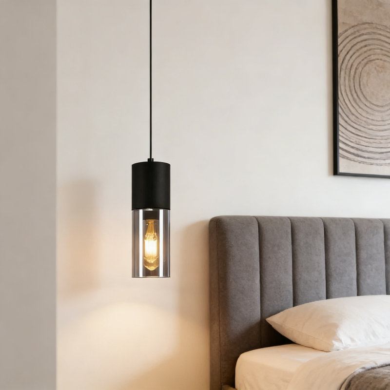 Chrisshawn E27 Black Glass Cylinder Design Pendant Light, 1 Flame Round