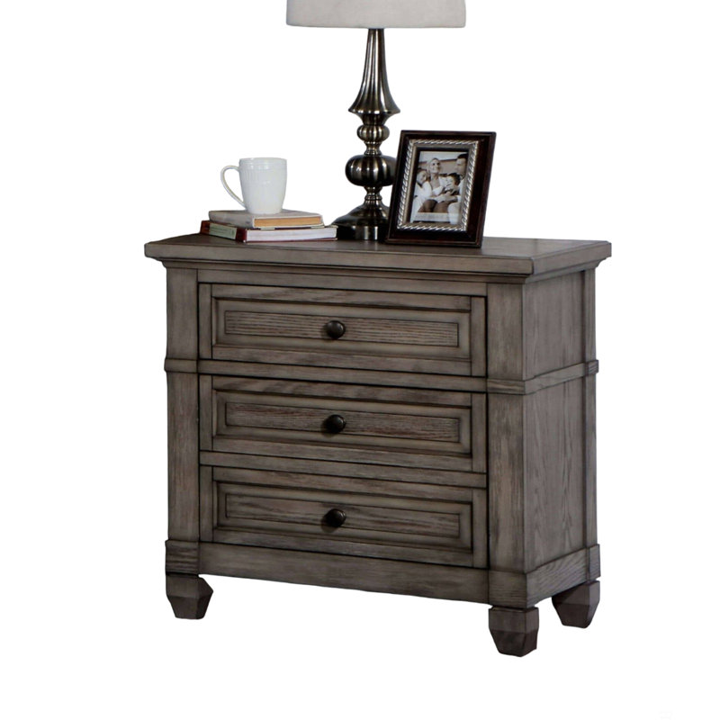 1Pc Nightstand Solid Wood 3-Drawers Bedside Table
