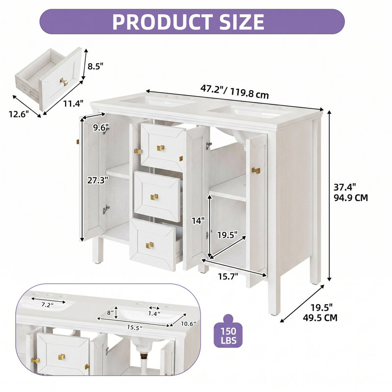 Ensemble de meuble-lavabo simple 48 po avec lavabo Balconera, Blanc, 48