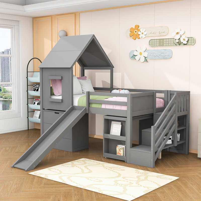 Twin Wooden House-Style Loft Bed with Built-in Slide, Stairs, and Storage, Gray