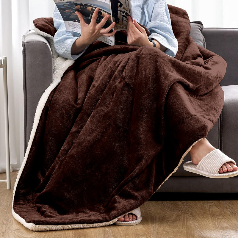 Sherpa Throw Blanket, 150cm W x 200cm L, Coffee