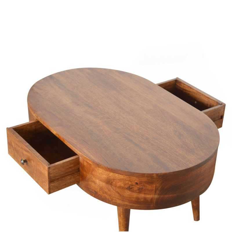 Table basse ronde châtaignier, pieds nordiques, 2 tiroirs, brun