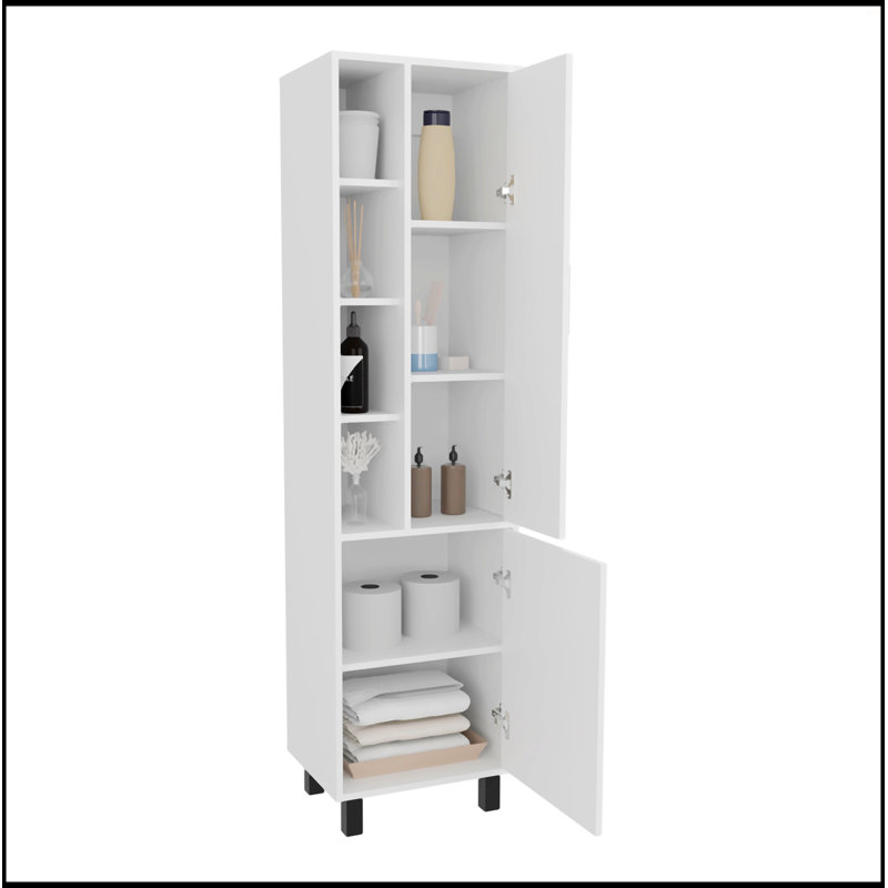 White Linen Cabinet With Open Storage And 2 Doors