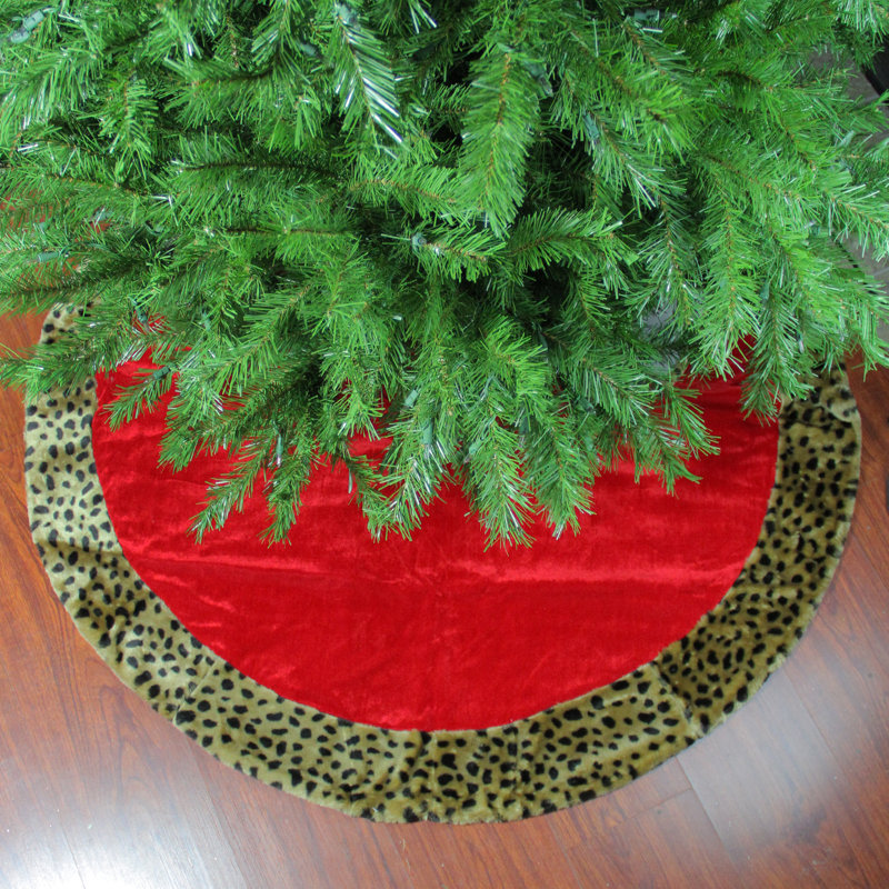Jupe d'arbre de Noël 48 po en velours de coton rouge et brun avec bordure à imprimé guépard