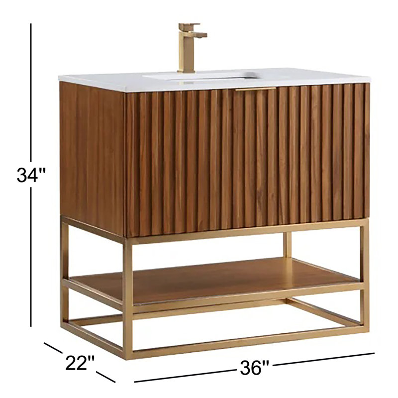Terra 36'' Single Bathroom Vanity with Top, White Quartz/Single Faucet Mount, Walnut, Satin Brass
