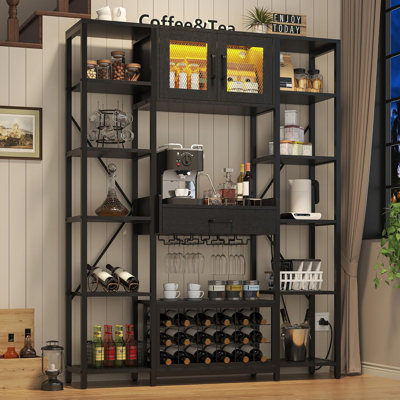 Bookcases And Bookshelves Triple Wide 5 Tiers Industry Coffee Bar Cabinet, Large Etagere Bookshelf Open Display Shelves With Metal Frame And Drawer And Power Outlets, For Living Room Bedroom Home Office
