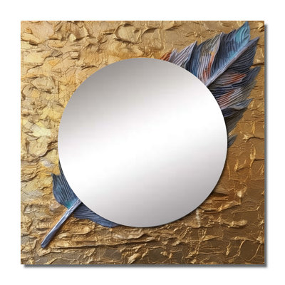 Boho Glam Exquisite Blue Feather On Gold Painting - Feathers Square Mirror Wall Decor For Bedroom