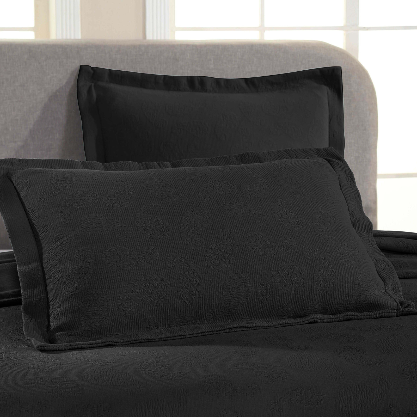 Cotton Bedspread Set, Queen Coverlet + 2 Standard Shams, Black