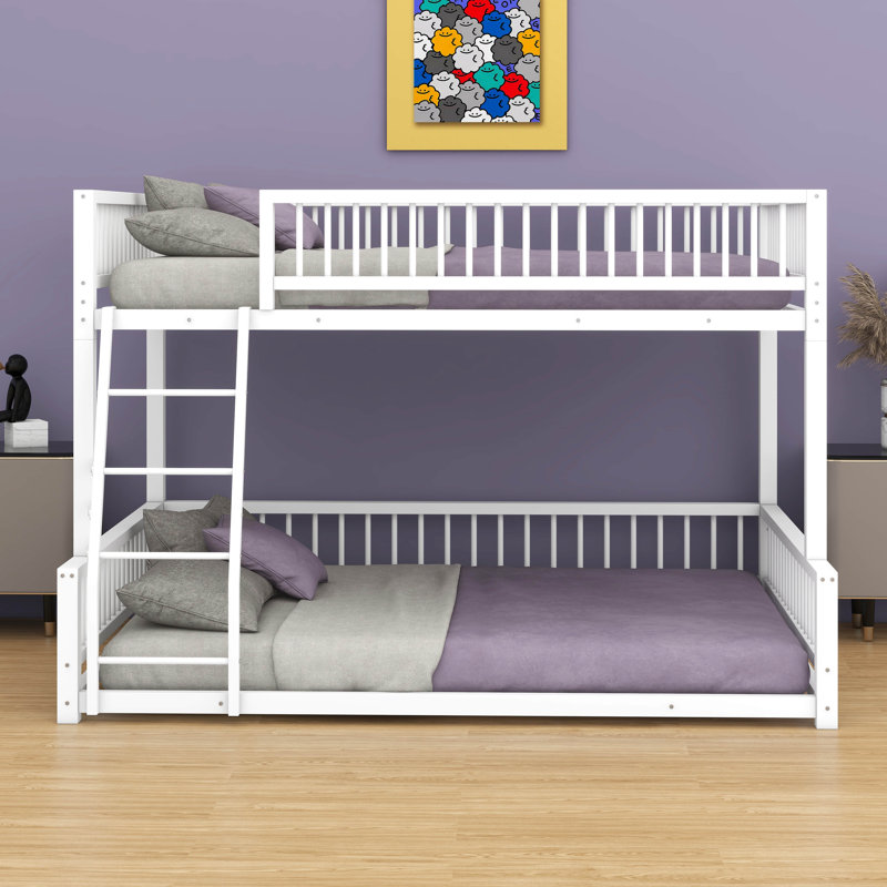 Floor Bunk Bed Frame With Ladder – Safety Guardrails Equipped, Simple & Easy To Assemble, White, Full XL Over Queen