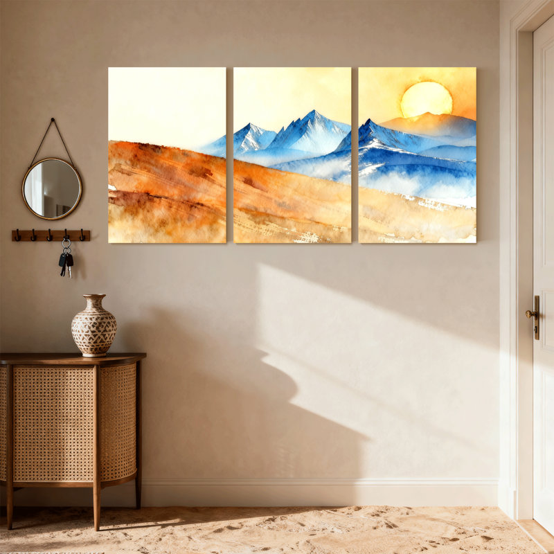 Abstrait paysage de montagne, coucher de soleil, réflexion, aquarelle, ensemble de 3 impressions sur toile, H 18 po x l 36 po