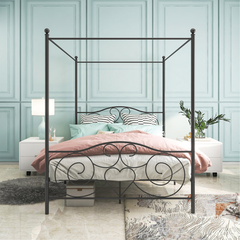 Structure de lit à baldaquin en métal avec tête et pied de lit de style rétro, assemblage facile avec toutes les pièces incluses, noir grand (identique à 748G-Bk)