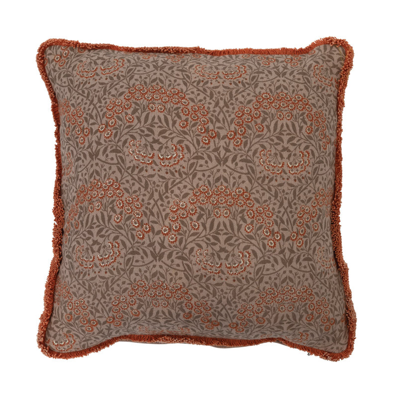 Metallic Floral Pattern Square Pillow with Eyelash Fringe