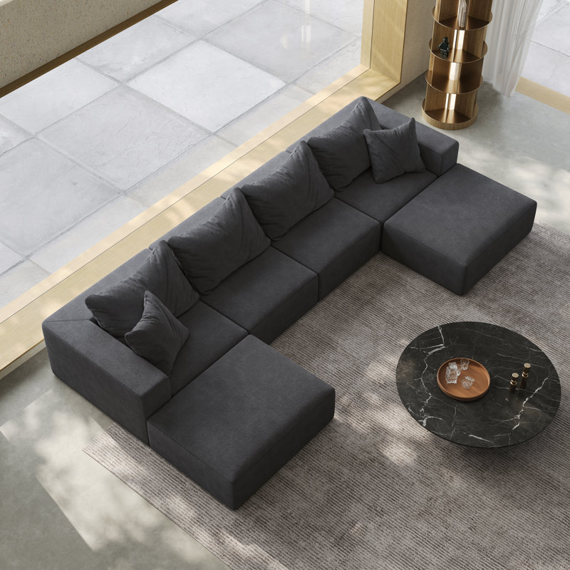 Canapé modulaire rembourré en L en chenille avec 6 coussins Ciriaca, Gris chenille