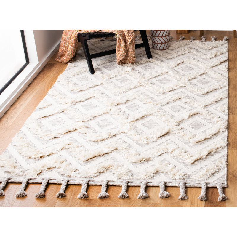 Ivory Geometric Hand-Knotted Wool Area Rug with Tassels