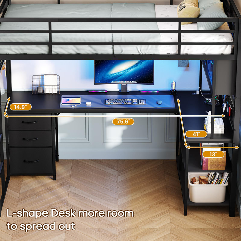 Lit mezzanine avec bureau de jeu en L, huche et tiroirs de rangement et station de charge, cadre de lit mezzanine en métal avec lumières RVB