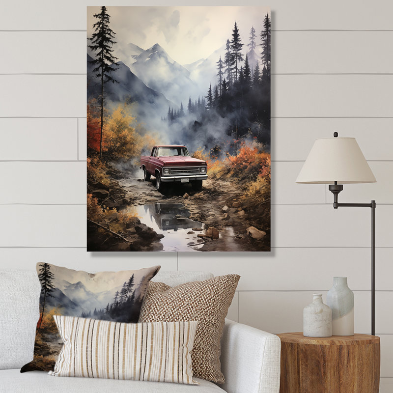 Yve Brown Pickup Truck Misty Mountains sur impression sur toile, H 20 po x l 12 po x P 1 po, Toile tendue