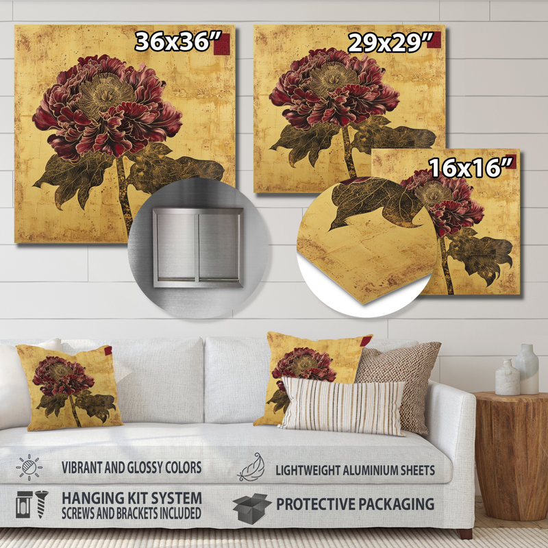 Rose rouge, Illustration rétro asiatique - Art mural rose, Métal métal, H 16 po x l 16 po x P 1 po