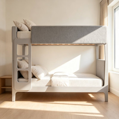 Lit superposé convertible en bois pour enfants (deux lits simples superposés) avec barrières de sécurité, tête et pied de lit entièrement recouverts de peluche sherpa.