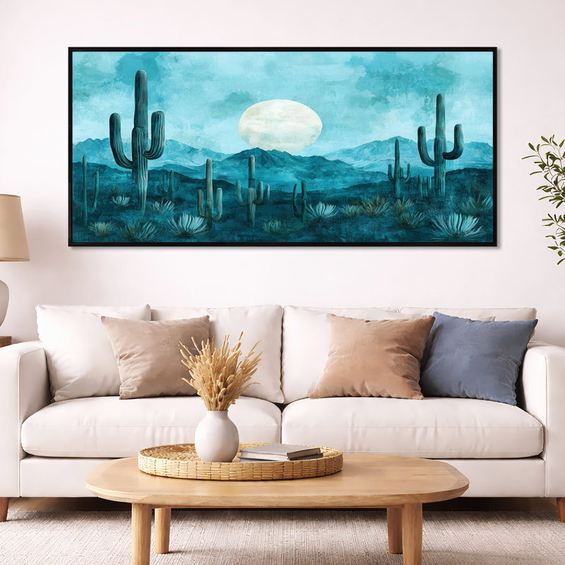 Illustration de toile bleu sarcelle désert clair de lune I - bleu, H 28 po x l 60 po, Cadre flottant noir