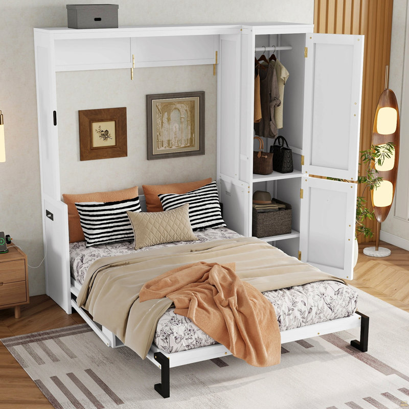 Grand lit escamotable en bois avec garde-robe