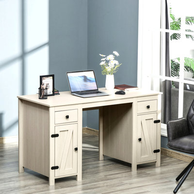 Bureau d'ordinateur de ferme avec rangement, bureau à domicile avec 2 tiroirs et 2 armoires, blanc crème
