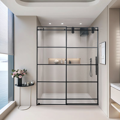 60"W x 76"H Single Sliding  Black-Grid Shower Door with  Protective Coating Treatment