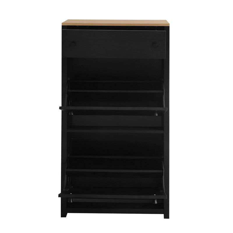Élégant étagère à chaussures de hall d'entrée avec 2 tiroirs rabattables et 3 tiroirs de rangement fonctionnels, Black