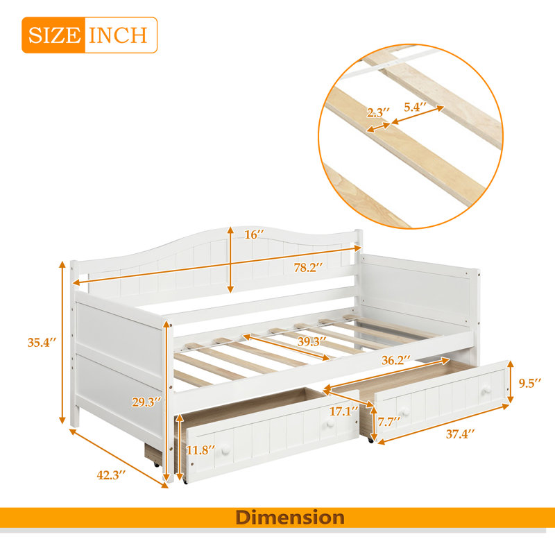 Lit de jour simple en bois avec 2 tiroirs, Blanc