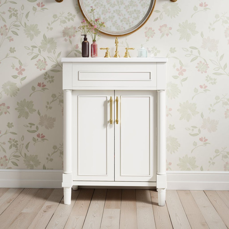 24" Free-Standing Single Bathroom Vanity Rothe With Ceramic Sink And Solid Wood 2-Door Cabinet, White