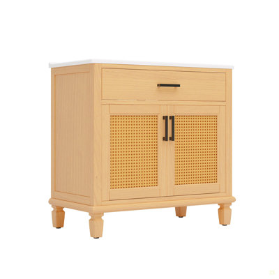 Meuble-lavabo de 36 po en rotin avec lavabo en céramique, meuble-lavabo moderne avec 2 portes à fermeture douce et 3 tiroirs, meuble-lavabo autoportant avec pieds en bois massif et grand espace de rangement