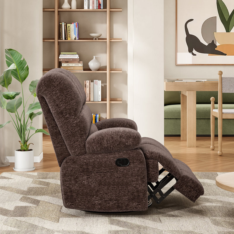 Heald 40.94"W Upholstered Swivel Rocker Recliner, Brown Chenille