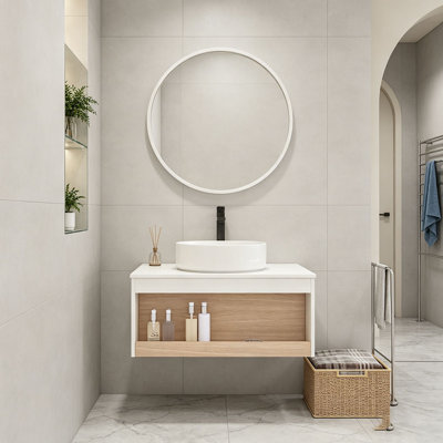 Meuble-lavabo flottant de 30 po avec lavabo vasque rond blanc brillant, meuble-lavabo mural avec rangement ouvert, finition blanche avec comptoir durable, conception moderne peu encombrante (livré dans 2 boîtes)