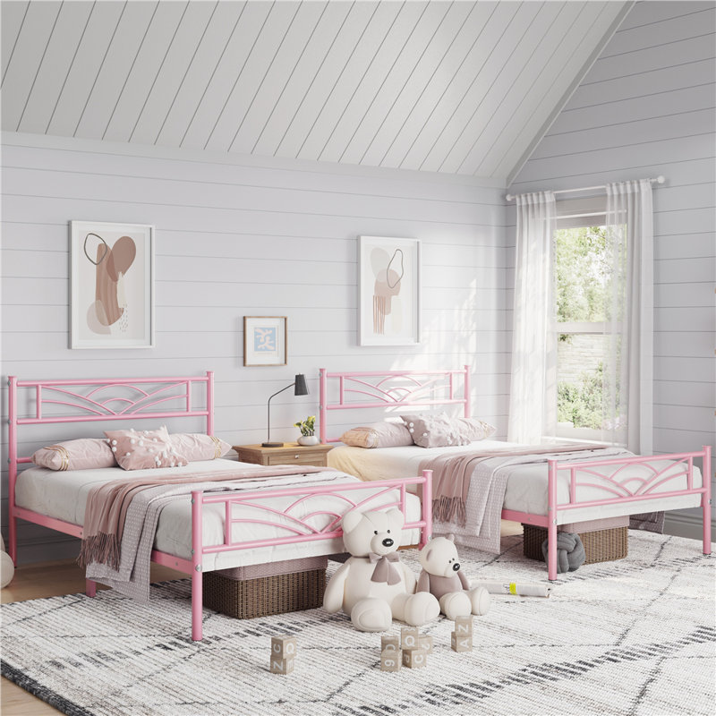 88.5cm Height Metal Bed Frame with Cloud-inspired Design Headboard, Single (3'), Pink