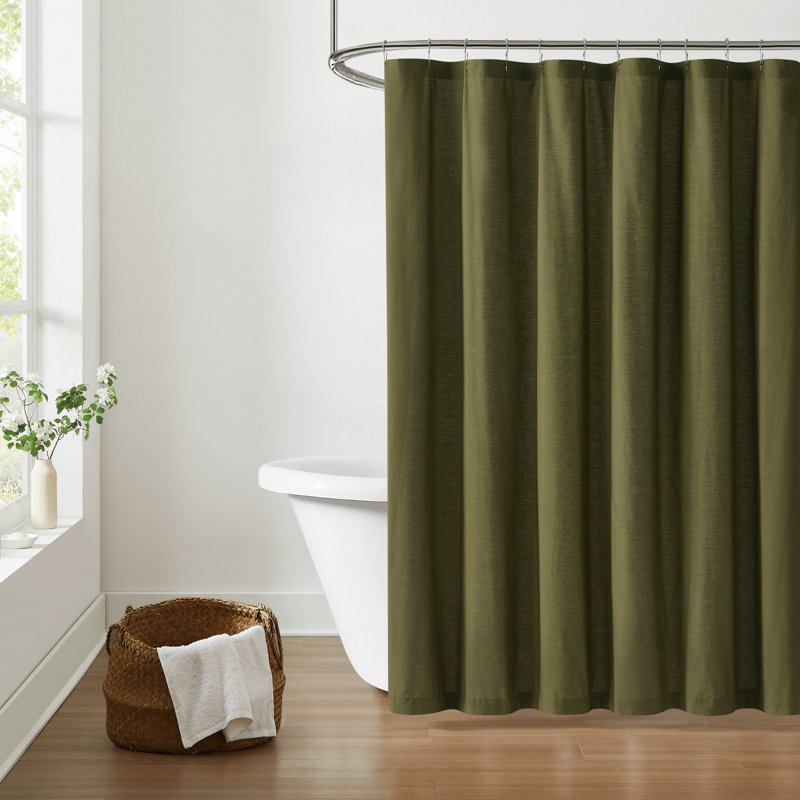 Ebern Designs Solid Cotton Percale Shower Curtain, Olive Green