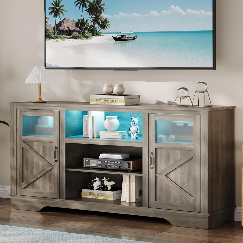 Gray Washed Ash Farmhouse TV Stand with LED Lights
