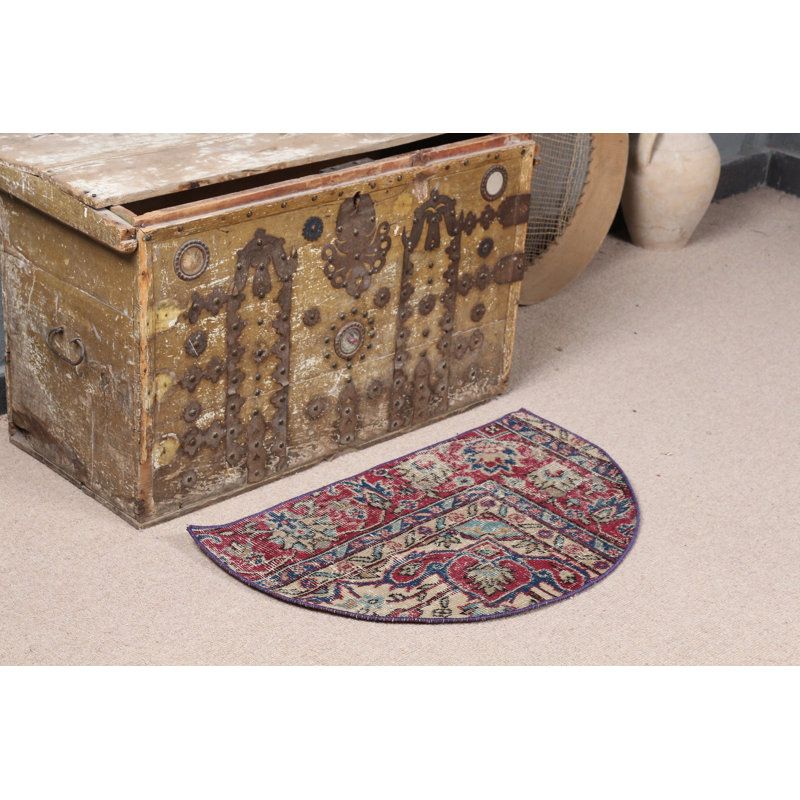 Charmant petit tapis rond rouge en laine Anatolian, idéal pour le vestibule de votre maison