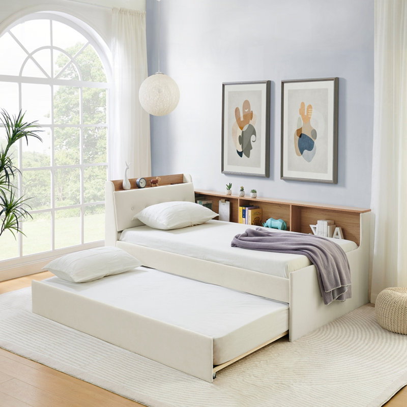 Lit de jour à hauteur réglable en velours avec lit gigogne multifonctionnel Upholstery, Beige