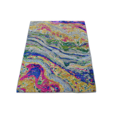 Tapis décoratif de conception unique noué à la main New Age-gris/bleu/rose 2 pi x 3 pi