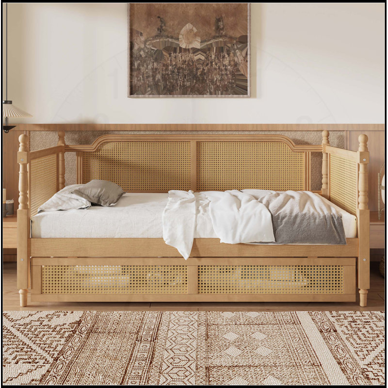 Lit de jour traditionnel en rotin avec 2 tiroirs, idéal pour les chambres d'amis et les espaces limités, aucun sommier nécessaire